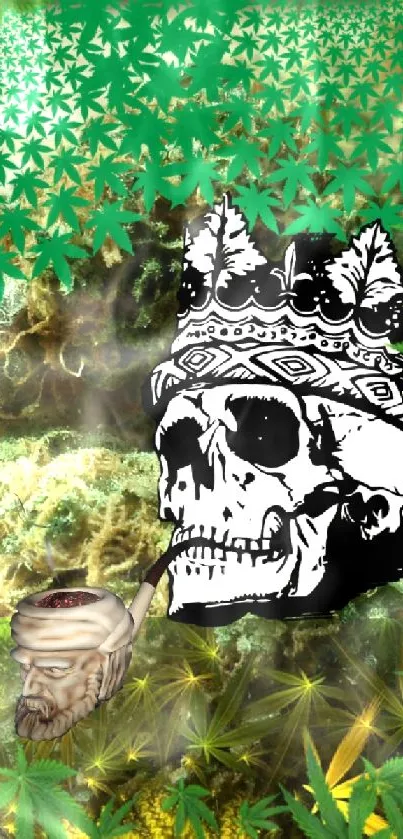 Green cannabis wallpaper with skull art design.