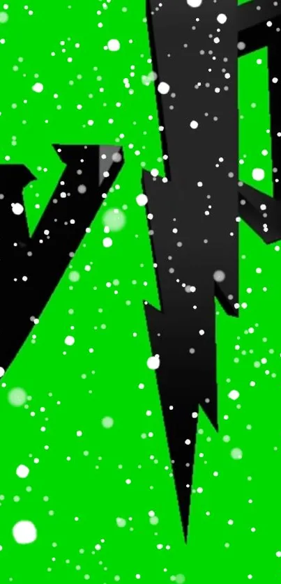 Green wallpaper with bold black text and falling snowflakes.