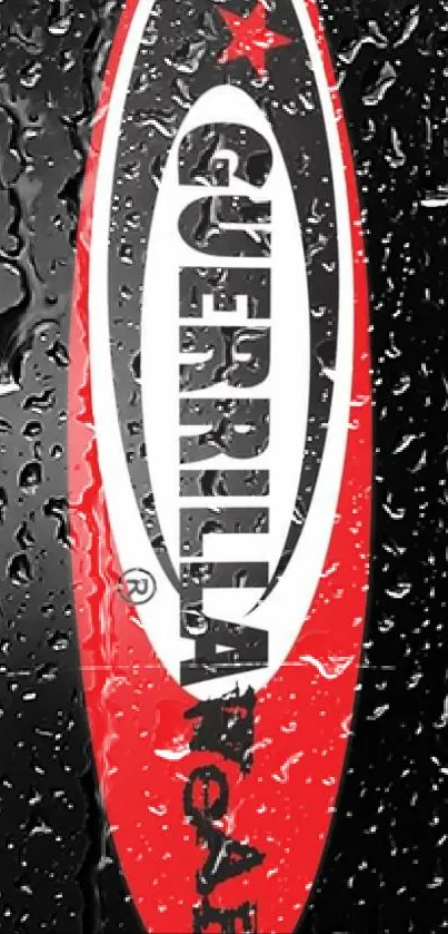 Guerrilla Art logo on water droplet background.