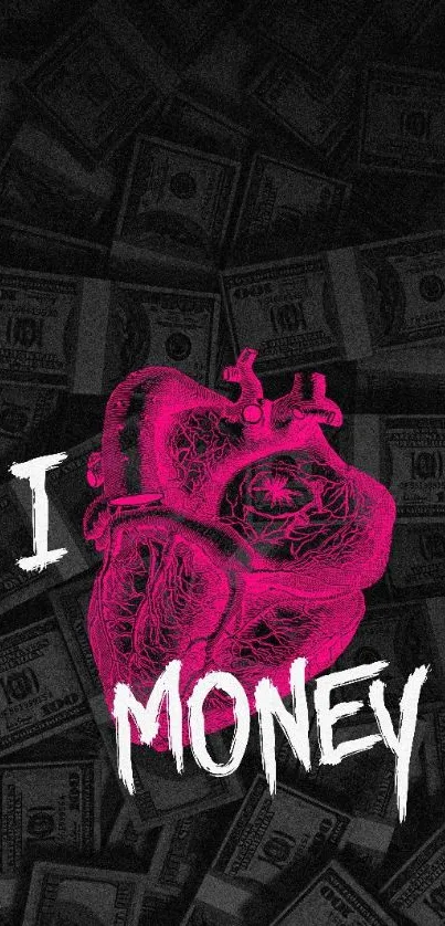 Pink heart and money-themed mobile wallpaper.