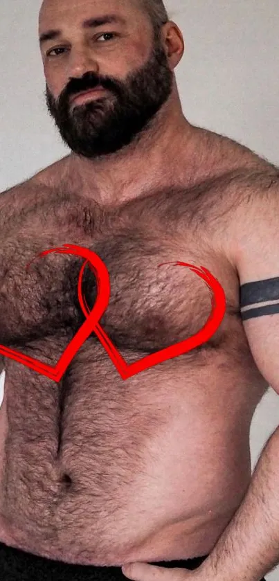 Bearded man with heart tattoo on chest in stylish mobile wallpaper.