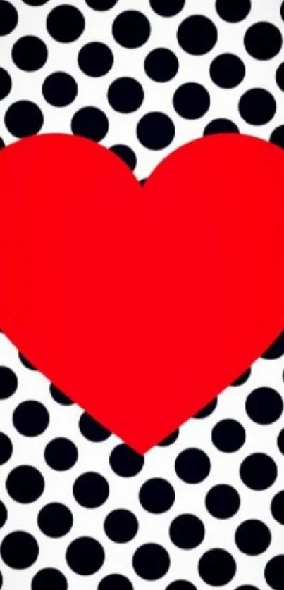 Red heart on black and white polka dot background wallpaper.