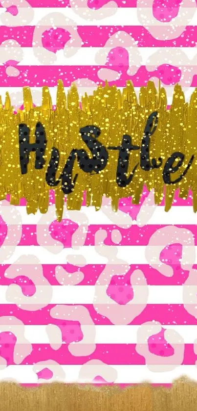 Pink and gold striped wallpaper with 'Hustle' design.