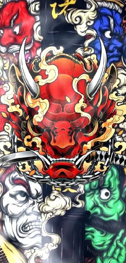 Japanese Oni mask wallpaper with bold colors and detailed design.