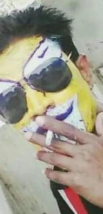 Vibrant Joker mask with sunglasses and cigarette on a mobile wallpaper.