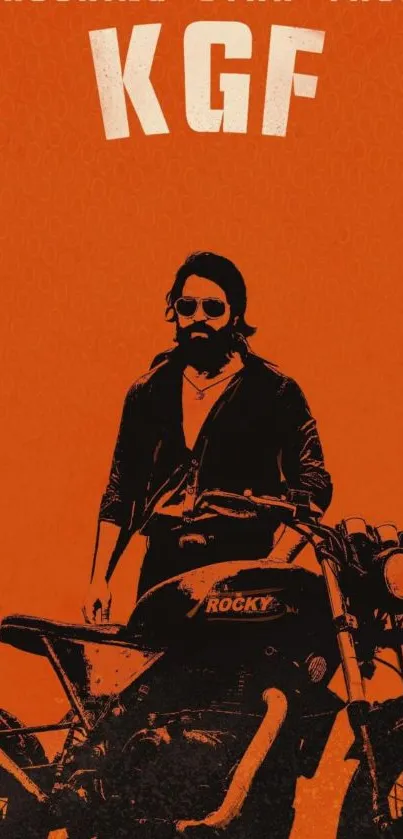 KGF themed wallpaper with character and motorcycle on an orange background.