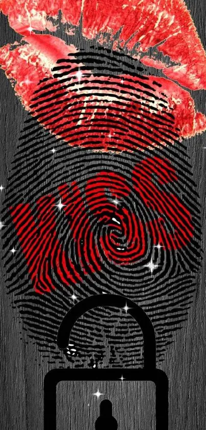 Red kiss on fingerprint with dark background.