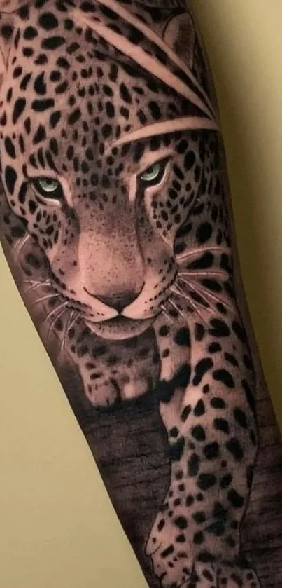 Leopard tattoo art on forearm, detailed design.