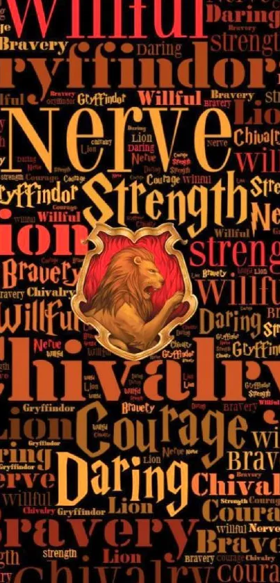 Bold lion emblem with inspiring words in vivid typography.