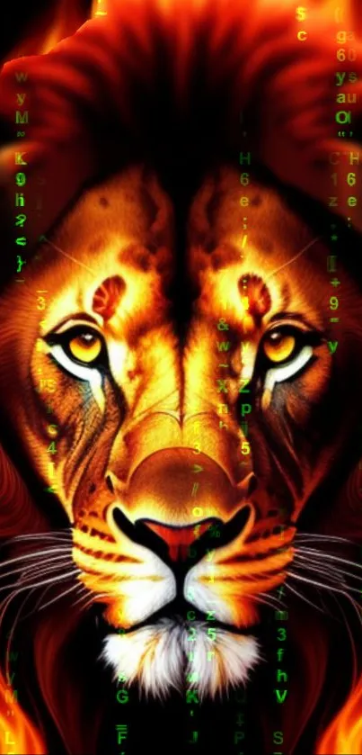 Lion with fiery mane surrounded by digital green numbers.