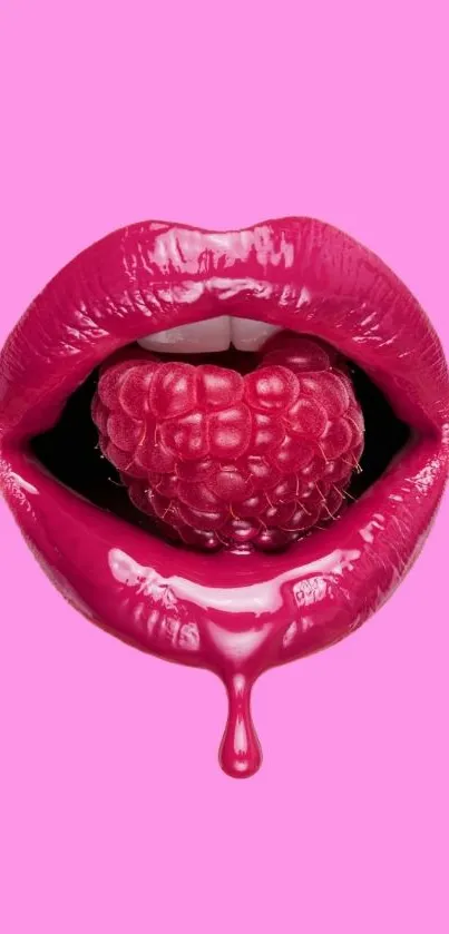 Glossy lips holding raspberry on pink background.