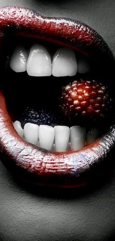 Close-up of red lips holding a berry, highlighting bold colors.