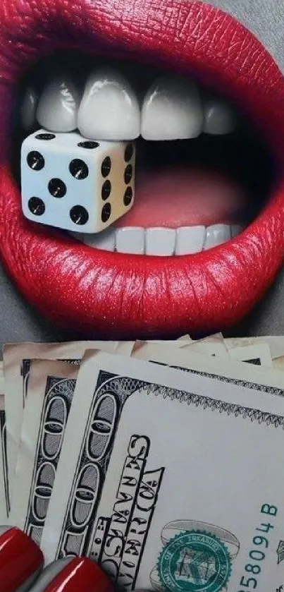 Bold red lips holding a dice with money in foreground.