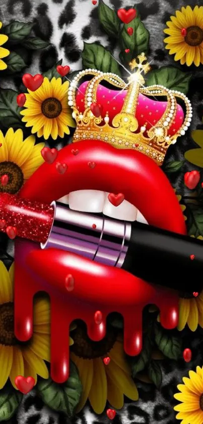 Red lips with lipstick and a crown on leopard and sunflower background.