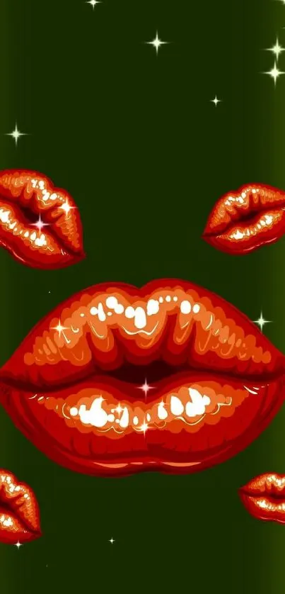 Wallpaper with bold red lips on a green background, stylish and trendy design.