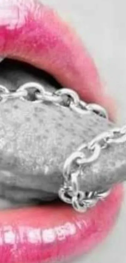 Pink lips with silver chain wallpaper.