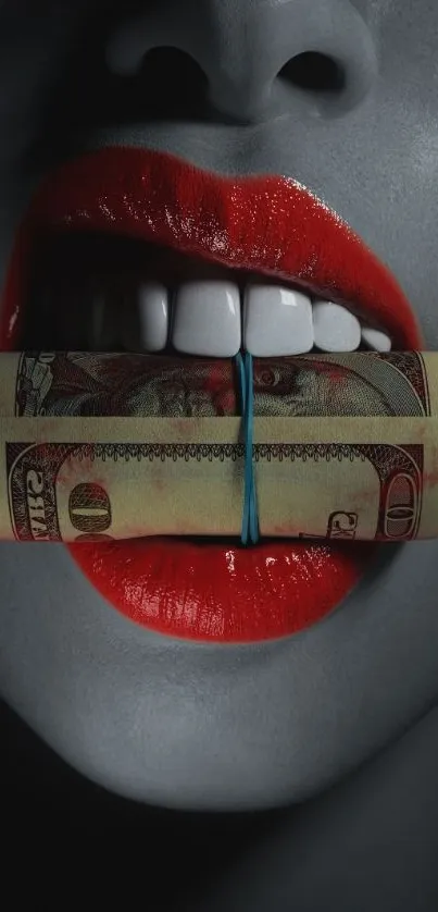 Vivid red lips with money roll in teeth, artistic wallpaper.