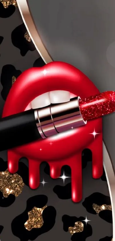 Vibrant red lips with lipstick and leopard print design.