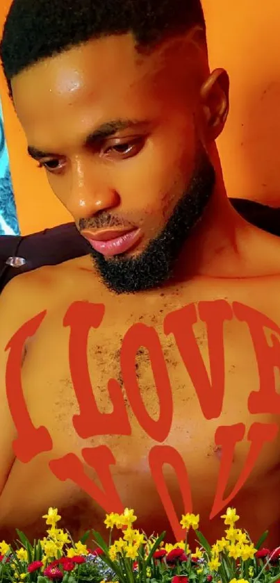 Man with 'I Love You' text in a colorful setting.