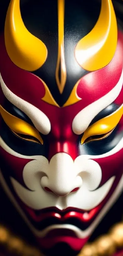 Striking red and gold mask wallpaper design.