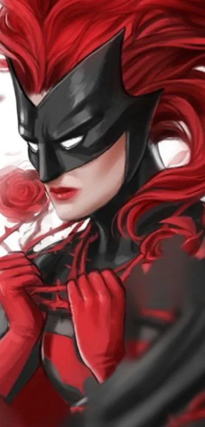 Illustration of a masked heroine in red and black with a rose.