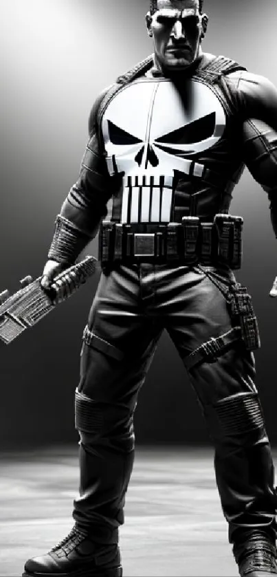 Monochrome action hero with bold emblem and intense stance.