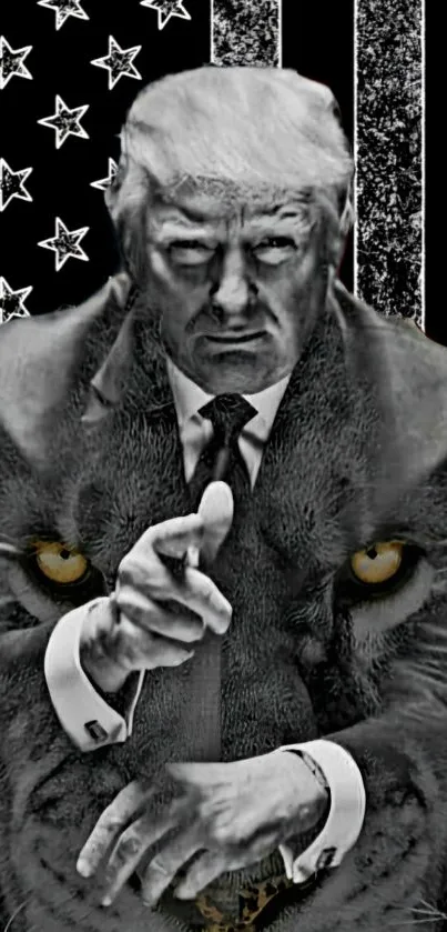 Monochrome image of a lion with intense eyes, merging with a suit-wearing figure.