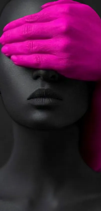 Monochrome art wallpaper with a vivid pink hand creating a striking visual contrast.
