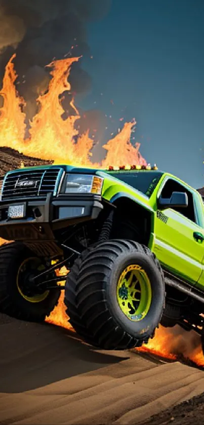 Green monster truck on fiery sand dunes mobile wallpaper.