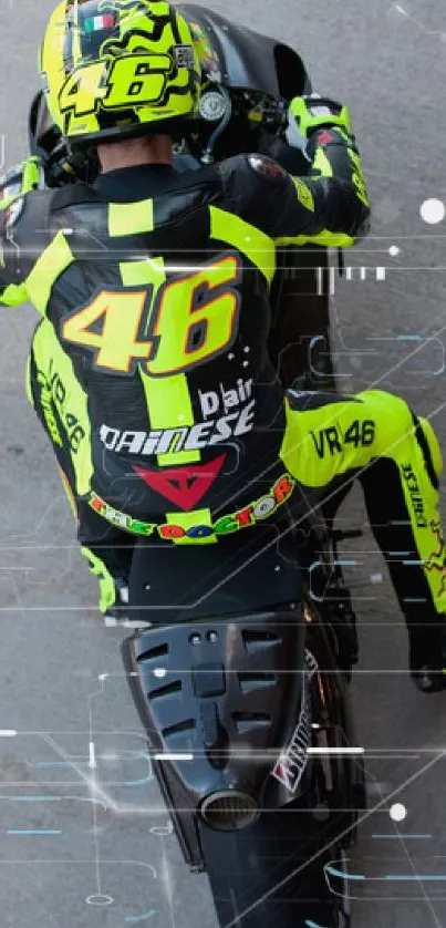 Motorcycle racer in neon yellow gear from above view.