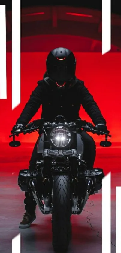 Motorcycle rider in silhouette with vivid red background.