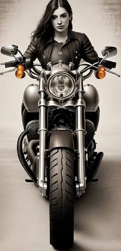 Motorcycle rider in leather jacket on vintage-style bike wallpaper.