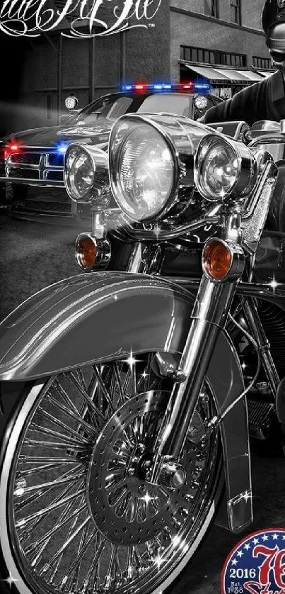 Motorcycle and biker in grayscale urban scene.