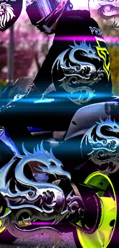 Motorcycle rider with neon accents and dragon designs on a vibrant background.