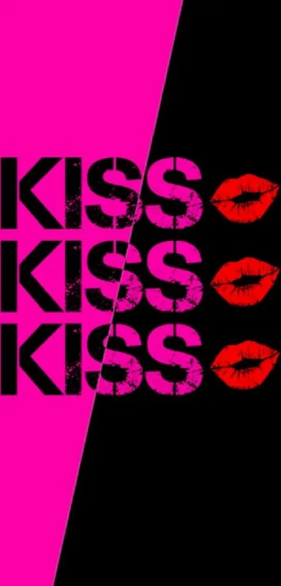 Bold pink and black wallpaper with kiss and red lips design.