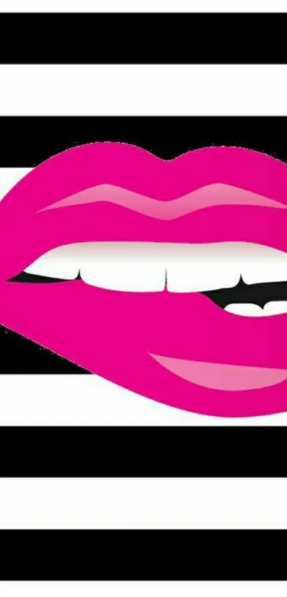 Bold pink lips on black and white stripes wallpaper.