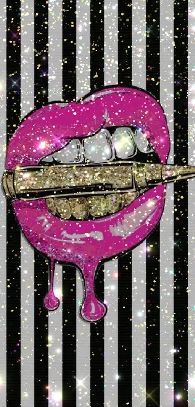 Pink lips with a gold pencil on striped wallpaper.