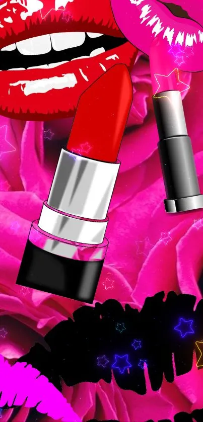 Vibrant pink wallpaper with lipstick and floral designs.