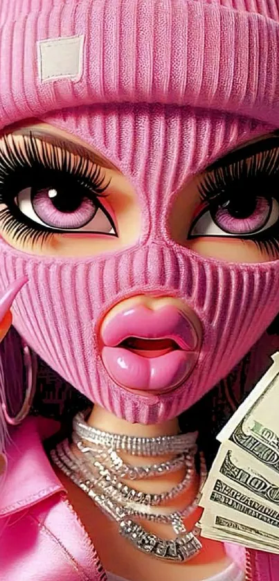 Wallpaper of a bold pink masked figure holding money.