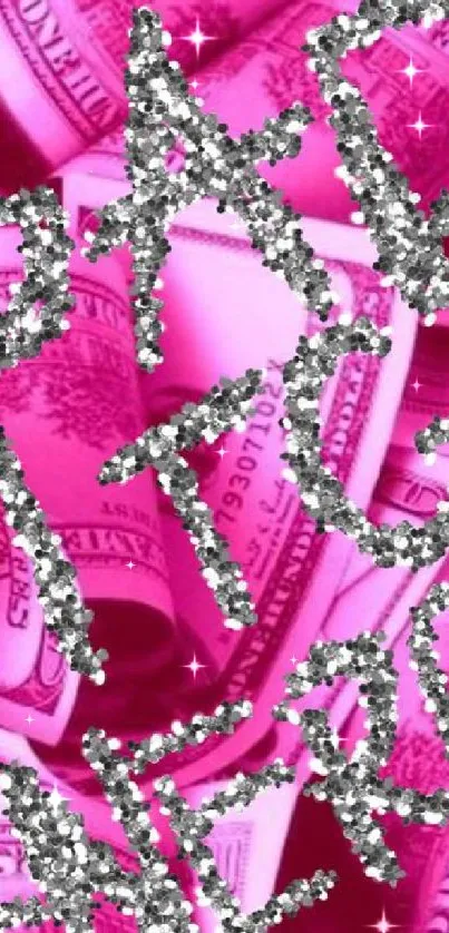 Bold pink wallpaper with glittery text and money background.