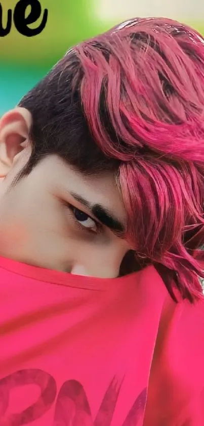 Person with pink hair and bold style.