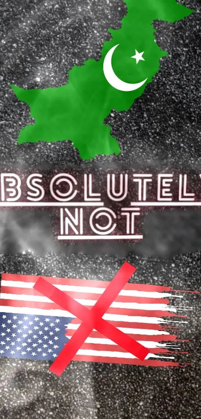 Political wallpaper with Pakistan map, USA flag, and 'Absolutely Not' text.