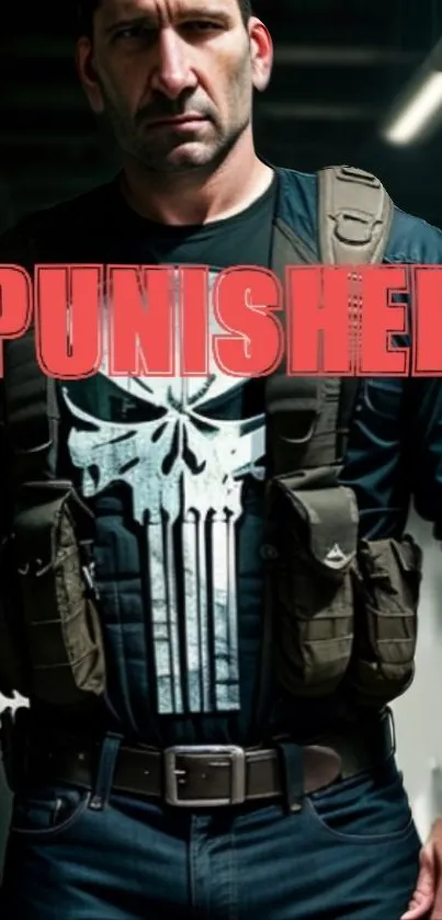 Intense Punisher wallpaper with bold skull design and dark, heroic figure.