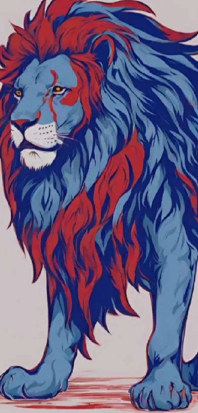 Bold red and blue artistic lion design on mobile wallpaper.