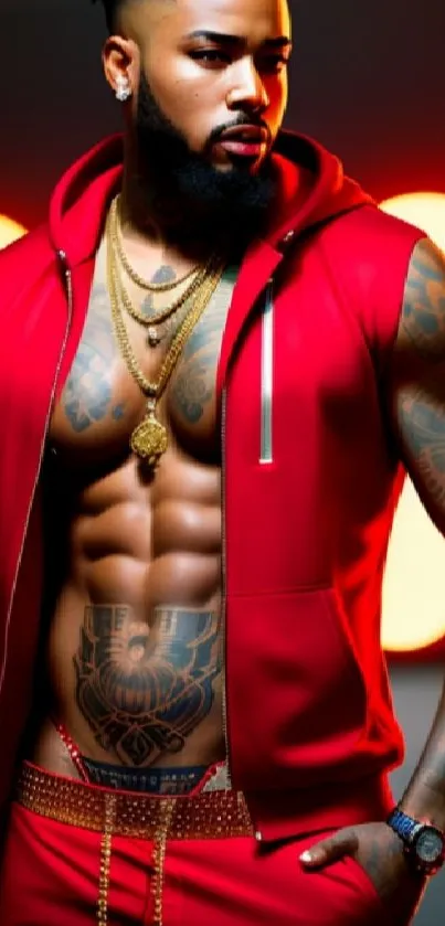 Confident man in striking red outfit with tattoos.