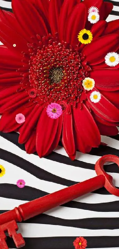 Red flower and key on zebra stripes wallpaper.