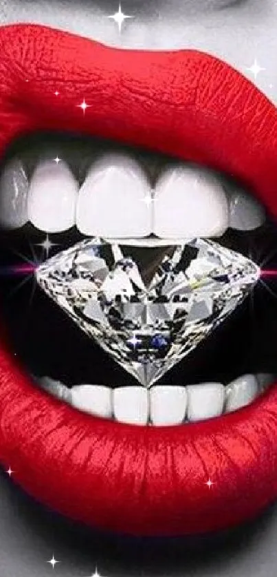 Close-up of red lips with diamond between teeth.