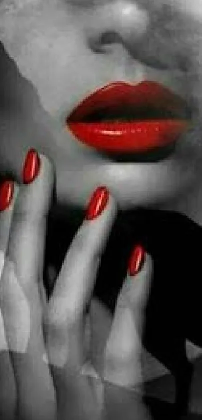 Abstract mobile wallpaper with bold red lips and nails on a monochrome background.