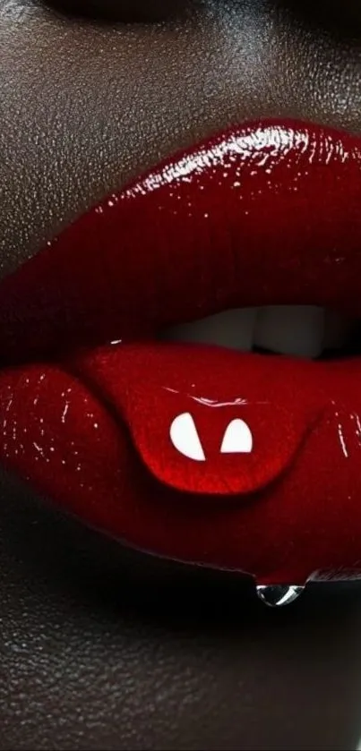 Close-up of vibrant red glossy lips with unique tongue art.