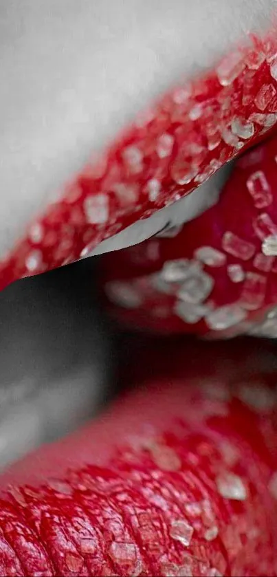 Close-up of red lips with sugar crystals.